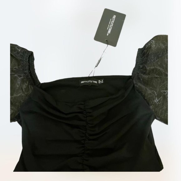 NWT Pretty Little Things black sheer peasant long sleeve crop top size 4 - Picture 3 of 4